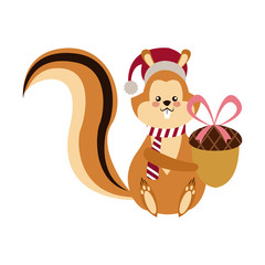 cute squirrel with acorn christmas hat cartoon vector illustration