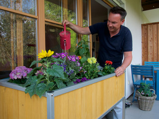 Mann beim anpflanzen eine Hochbeets