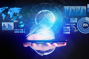 Globe sphere of planet earth displayed on a futuristic interface with chart and business graph -...