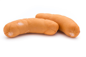 Sausage and spices isolated on white background, fresh delicious frankfurter.