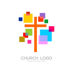 Church logo. Cristian symbols. The cross of Jesus and the colored elements