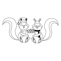 couple squirrel christmas character with hat and scarf nuts outline vector illustration
