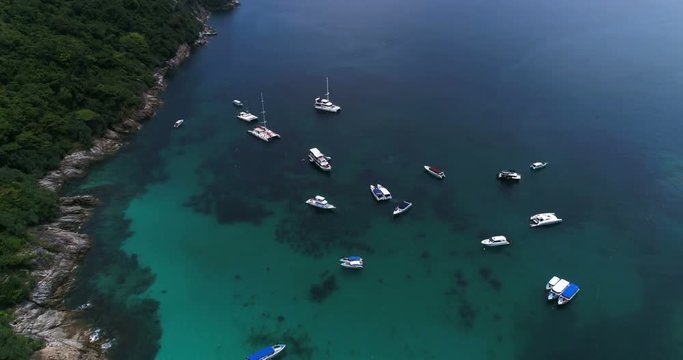 Top view aerial shot of ship port at Koh Racha Yai island, Phuket, Thailand