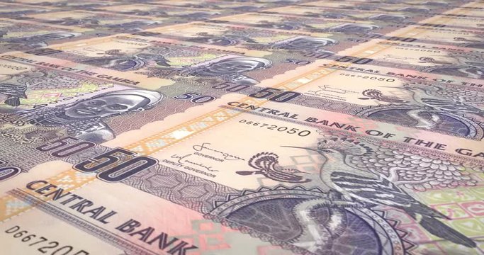 Banknotes of fifty gambian dalasis of Gambia rolling, cash money, loop