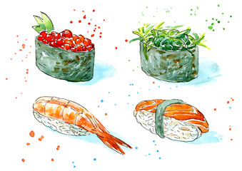 Gunkan, sushi and roll. Japanese cuisine.Shrimp, salmon, red caviar and chuka.Watercolor hand drawn illustration.