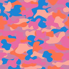 Camouflage seamless pattern in a blue, pink, orange and dark yellow colors.