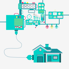 Electric supply of a house. House connected to a machine. Machinery producing electrical energy. Home automation.