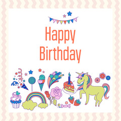 Bright birthday card with unicorn, flower, cloud, fireworks and strawberry