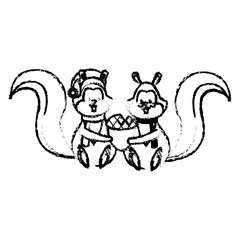 christmas two squirrel animal character with hat scarf and nuts vector illustration