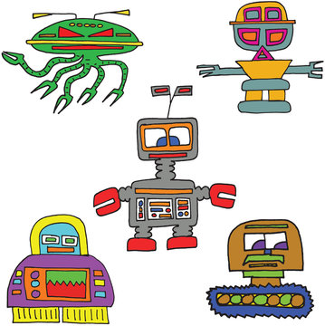 Hand Drawn Cartoon Space Invader Robot Characters