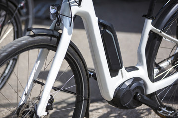 Close up of battery pack of an modern electric bicycle
