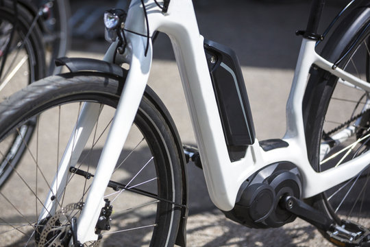 Close up of battery pack of an modern electric bicycle