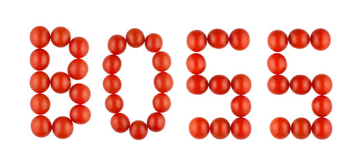 The word BOSS made from red tomatoes on the white background
