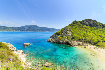 A panorama of Porto Timoni beach in Corfu, Greece