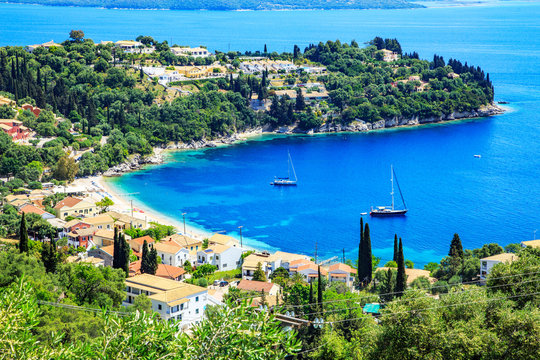 Boats in port Kouloura in Corfu, Greece