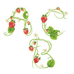 Letter A Strawberry font. Red Berry lettering alphabet. Fruits ABC