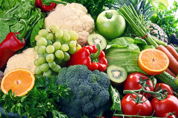 Assorted raw organic vegetables and fruits