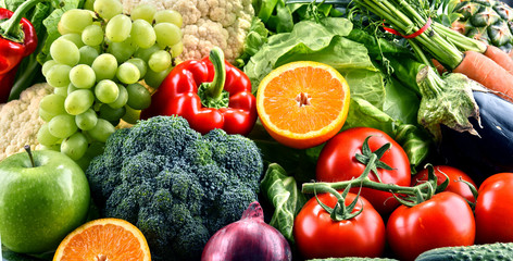 Assorted raw organic vegetables and fruits