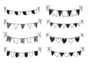 Black doodle bunting on white background with flags, triangles and hearts for birthday parties and invitations