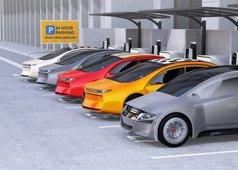 Fototapeta na wymiar Electric cars charging at EV charging station. Cars' roof with colorful graphic design. 3D rendering image.