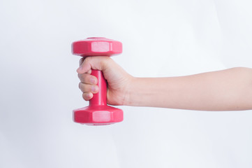 Healthy Asian business woman with dumbbells isolated on white background.