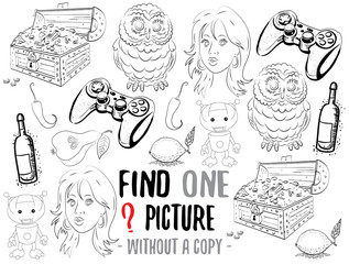 Find one picture without a copy. Educational game for children with cartoon characters. Characters ready for colouring.