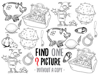 Find one picture without a copy. Educational game for children with cartoon characters. Characters ready for colouring.