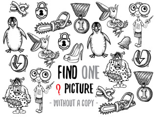 Find one picture without a copy. Educational game for children with cartoon characters. Characters ready for colouring.