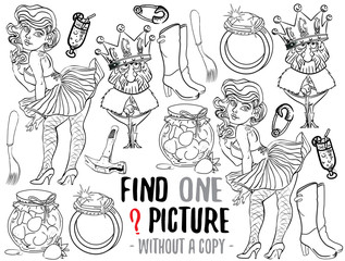 Find one picture without a copy. Educational game for children with cartoon characters. Characters ready for colouring.