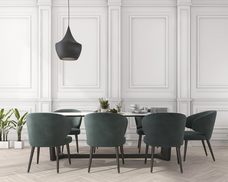 3d rendering classic dining table in white dining room