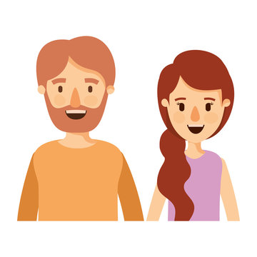 colorful caricature half body couple woman with ponytail side hair and bearded man vector illustration