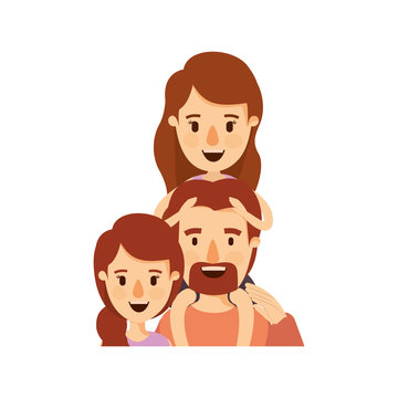 colorful caricature half body family with mother and father with moustache and girl on his back vector illustration