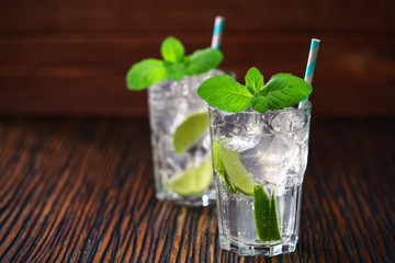 Glasses with non-alcoholic mojito cocktail