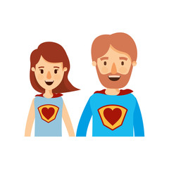 colorful caricature half body couple parents super hero with heart symbol in uniform vector illustration