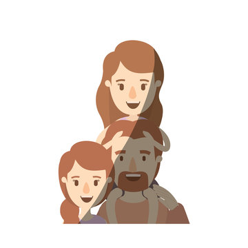 light color shading caricature half body family with mother and father with moustache and girl on his back vector illustration