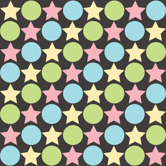 Retro seamless abstract pattern - star alternating circle in muted pastel vintage colors of red, blue, green and yellow on black background