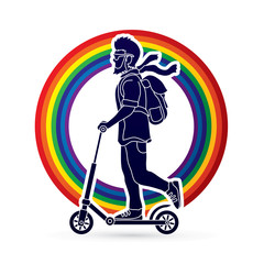Hipster man riding kick scooter designed on line rainbows background graphic vector.