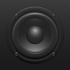Black Audio speaker for playing music and sounds. Vector illustration