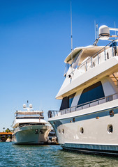 Detail of a Luxurious Yacht in Newport Beach Harbor against a clear blue sky