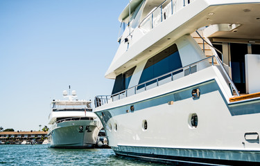 Detail of a Luxurious Yacht in Newport Beach Harbor against a clear blue sky