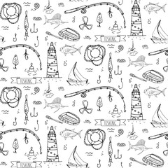 Hand drawn doodle Fishing icons set Vector illustration fishing equipment elements collection Cartoon fishing concept Fishing rod Baits Spinning Fishing lure Fish Fishing boat Lighthouse Fishing cloth