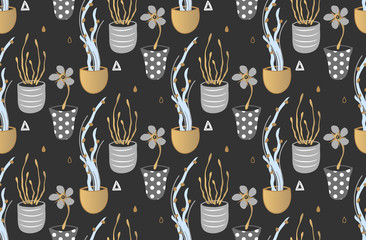 Floral seamless pattern. Hand drawn creative flowers in pots. Artistic background with blossom. Abstract herb. It can be used for wallpaper, textiles, wrapping, card, cover. Vector illustration, eps10