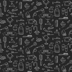 Seamless pattern hand drawn doodle Bathroom related icons set Vector illustration home bath symbols collection Cartoon elements Sketch Toilet Sink Shower Bathtub Lavatory Towel Robe Slippers Fan
