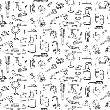 Seamless pattern hand drawn doodle Bathroom related icons set Vector illustration home bath symbols collection Cartoon elements Sketch Toilet Sink Shower Bathtub Lavatory Towel Robe Slippers Fan