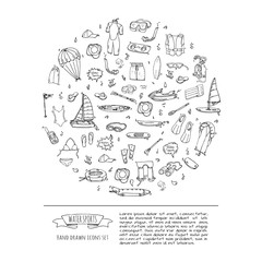 Hand drawn doodle Water sports icons set. Vector illustration, isolated symbols collection, Cartoon various elements: jetski, wakeboard, waterski, surfing, kayak, kitesurfing, paddle, parasailing