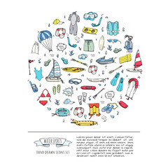 Hand drawn doodle Water sports icons set. Vector illustration, isolated symbols collection, Cartoon various elements: jetski, wakeboard, waterski, surfing, kayak, kitesurfing, paddle, parasailing