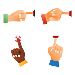 Hand press red button finger press control push pointer gesture human body part vector illustration.