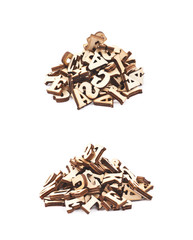 Pile of wood carved letters isolated