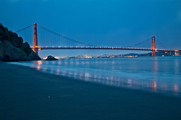 San Francisco from a distance underneath the span of the landmark Golden Gate Bridge