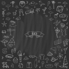 Hand drawn doodle Beach set icons Vector illustration Sketchy summer vacation elements collection Isolated holiday objects Cartoon sea relax journey symbols Summertime traveling background 